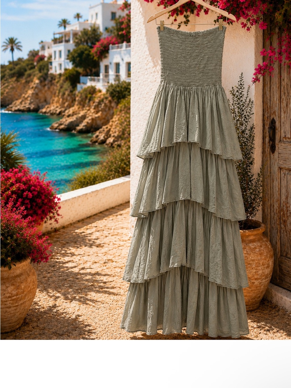 Strapless Tiered Maxi Skirt Dress in Sage Green